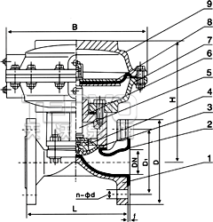 EG641W、EG641J英標(biāo)（無(wú)帶手操往復(fù)型）氣動(dòng)隔膜閥結(jié)構(gòu)圖